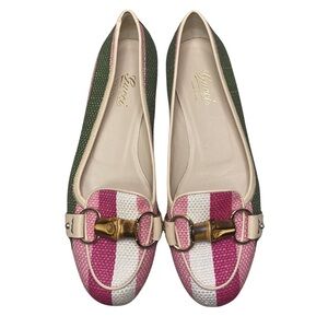 Gucci Women's Pink, White, and Green Flats